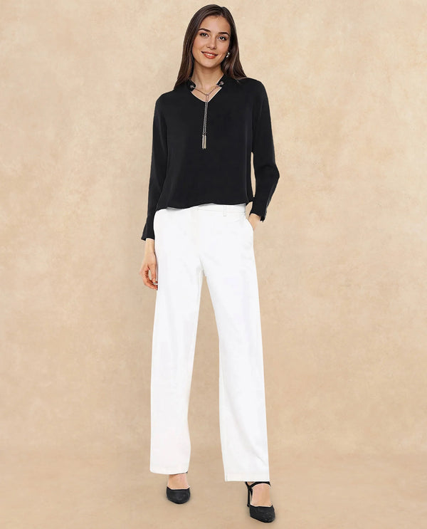 Rareism Women Ascom Black Cuffed Sleeve V-Neck Plain Top