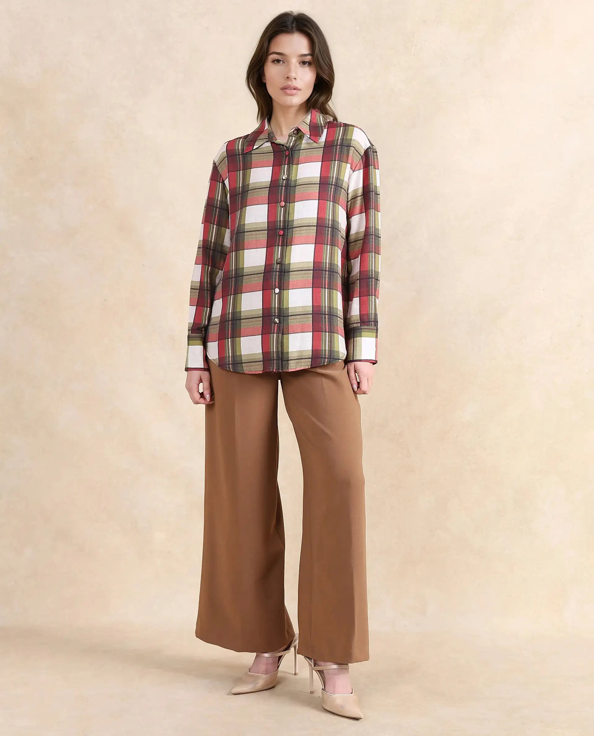 Rareism Women Atoil Multi Cuffed Sleeve Collared Neck Button Closure Checked Shirt