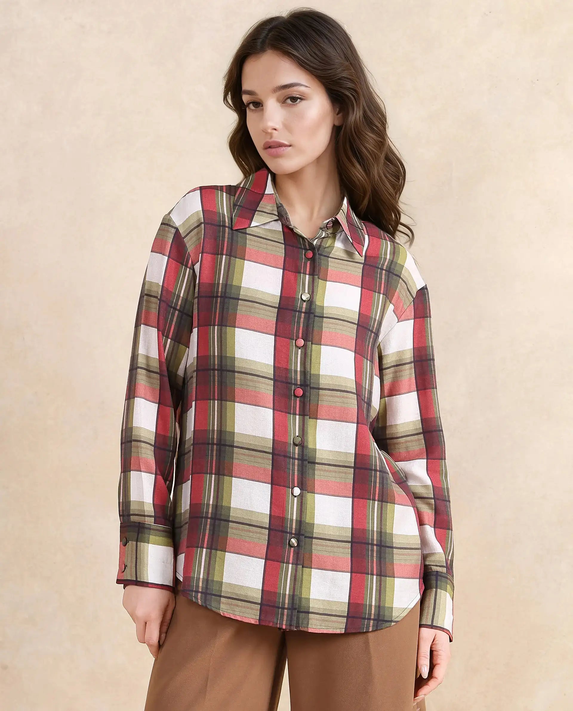 Rareism Women Atoil Multi Cuffed Sleeve Collared Neck Button Closure Checked Shirt