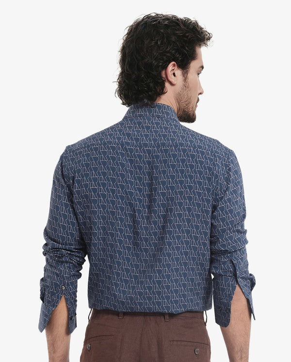 Rare Rabbit Men's Atria Dark Teal Viscose Fabric Full Sleeve Regular Fit Monogram Print Shirt