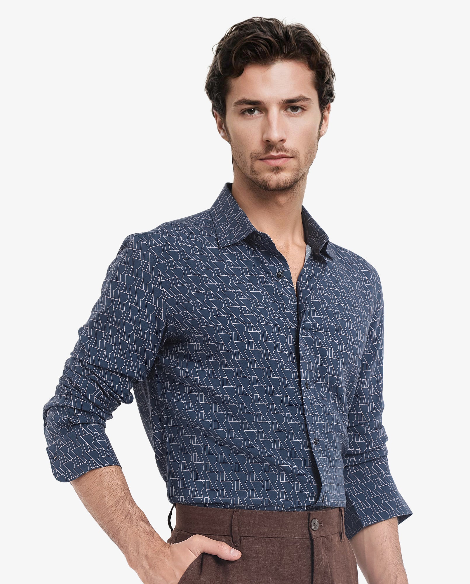 Rare Rabbit Men's Atria Dark Teal Viscose Fabric Full Sleeve Regular Fit Monogram Print Shirt