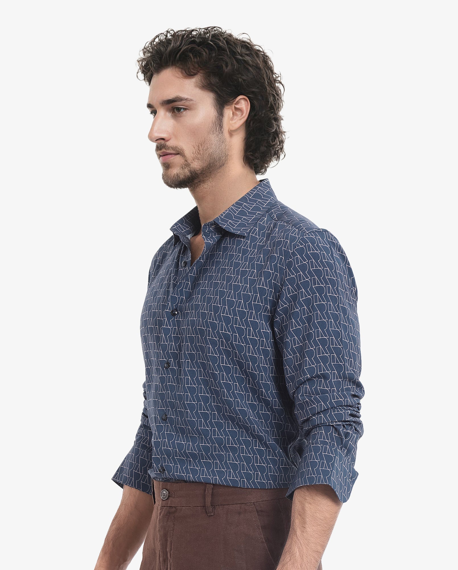 Rare Rabbit Men's Atria Dark Teal Viscose Fabric Full Sleeve Regular Fit Monogram Print Shirt