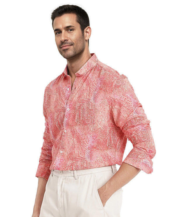 Rare Rabbit Mens Audie Pink Viscose Fabric Full Sleeves Regular Fit Brush Stroke Abstract Print Shirt