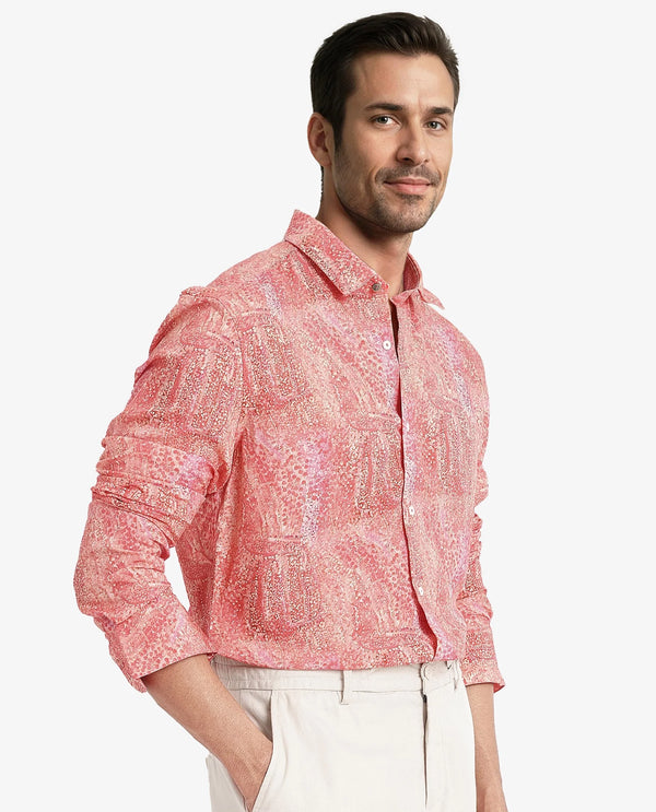 Rare Rabbit Mens Audie Pink Viscose Fabric Full Sleeves Regular Fit Brush Stroke Abstract Print Shirt