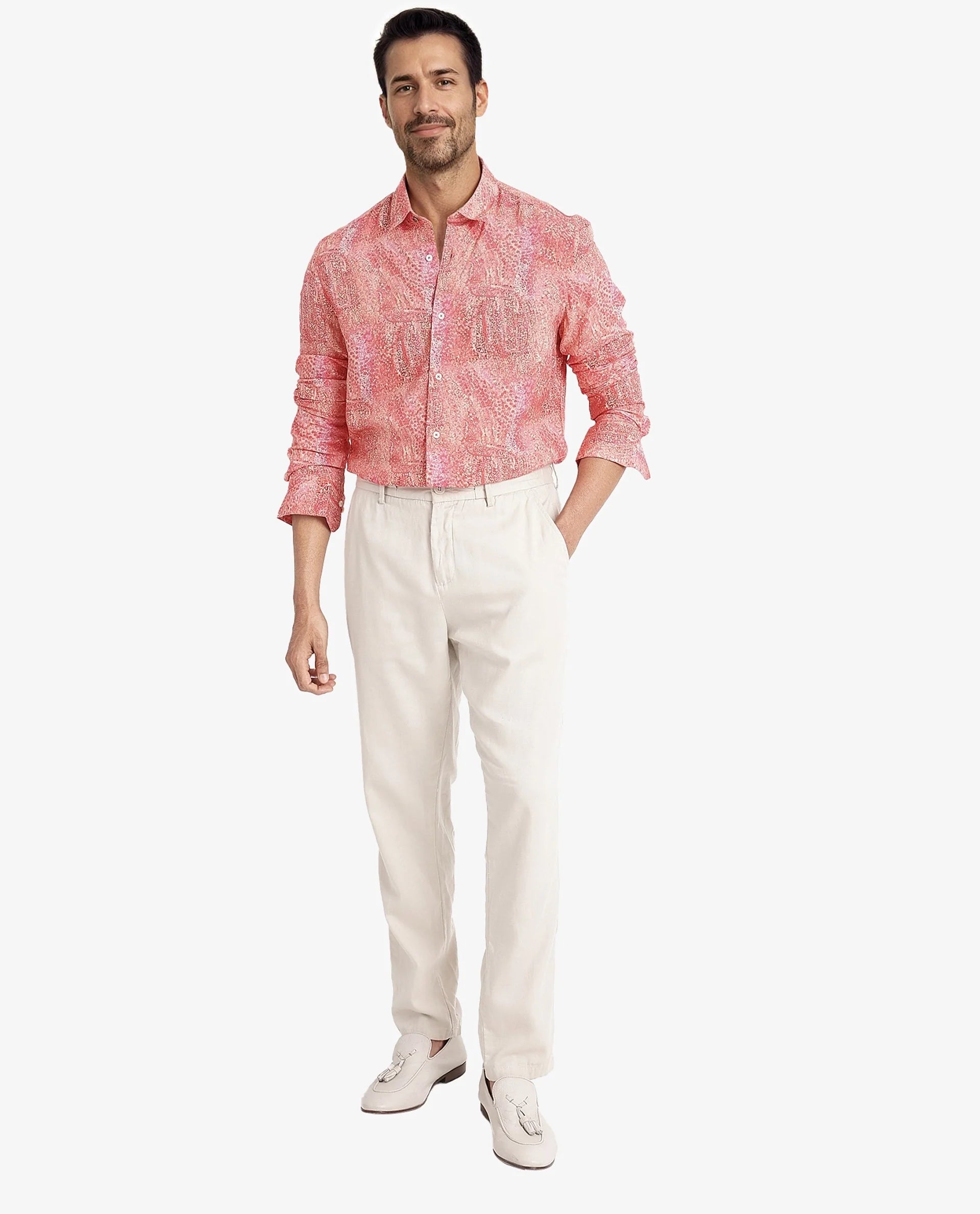 Rare Rabbit Mens Audie Pink Viscose Fabric Full Sleeves Regular Fit Brush Stroke Abstract Print Shirt