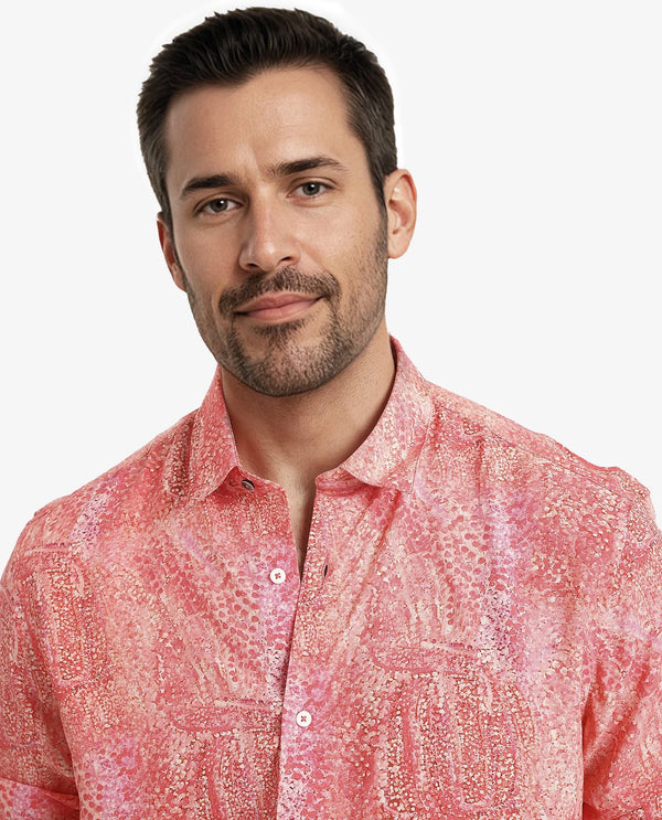 Rare Rabbit Mens Audie Pink Viscose Fabric Full Sleeves Regular Fit Brush Stroke Abstract Print Shirt