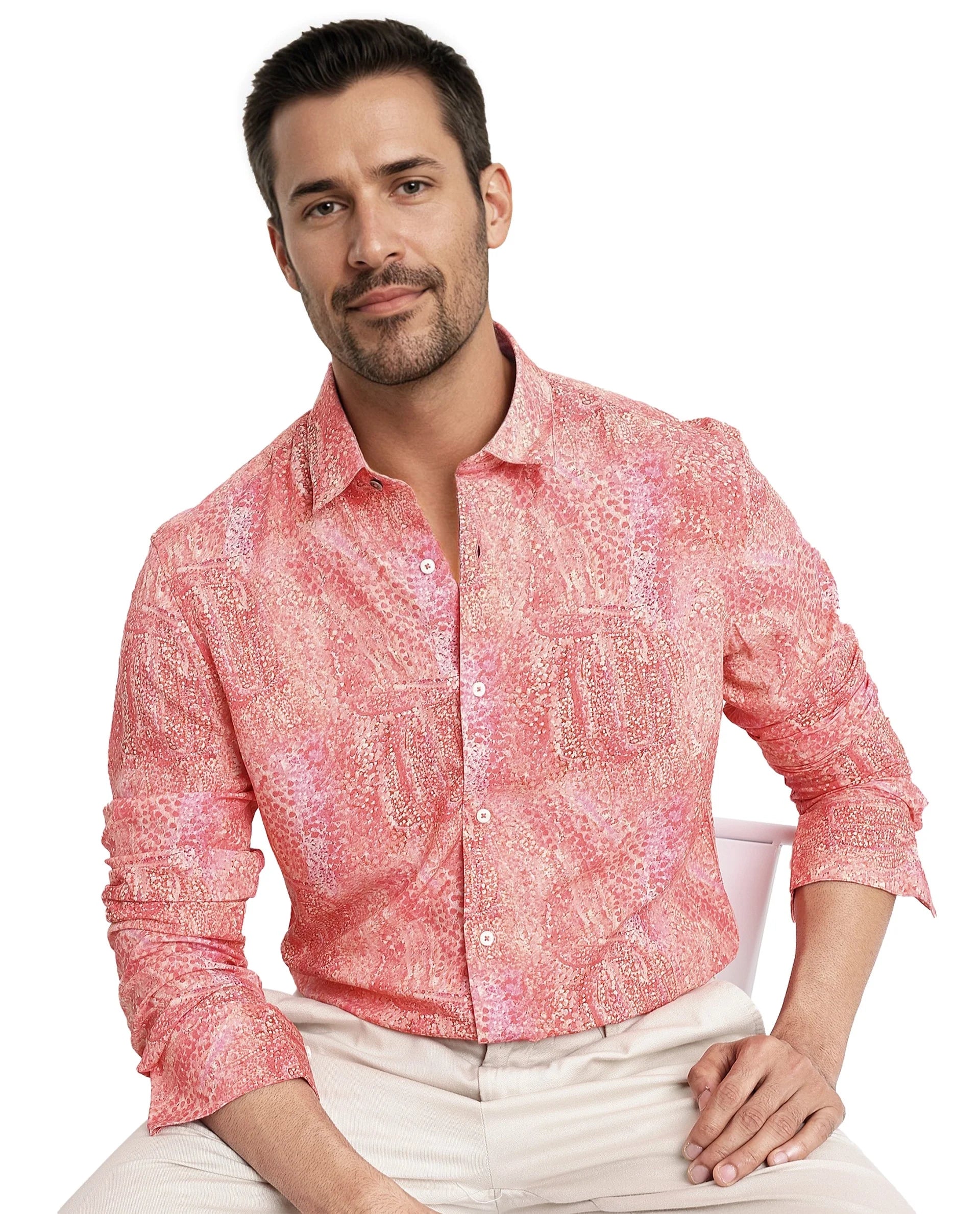 Rare Rabbit Mens Audie Pink Viscose Fabric Full Sleeves Regular Fit Brush Stroke Abstract Print Shirt