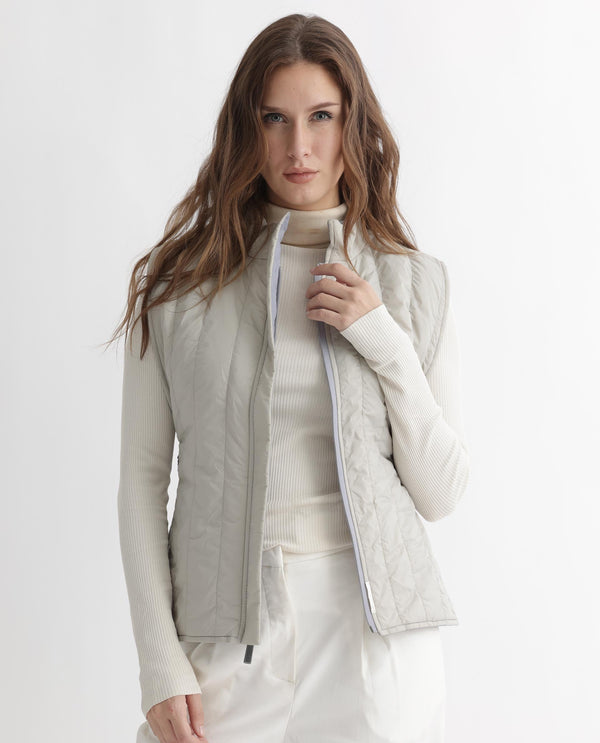 Rareism Women Aurora Beige Polyester Fabric Sleeveless Solid High Neck Jacket