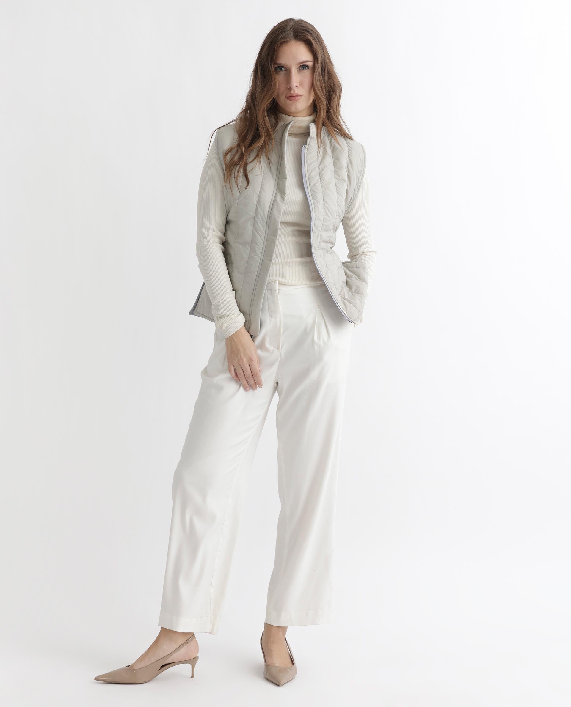 Rareism Women Aurora Beige Polyester Fabric Sleeveless Solid High Neck Jacket