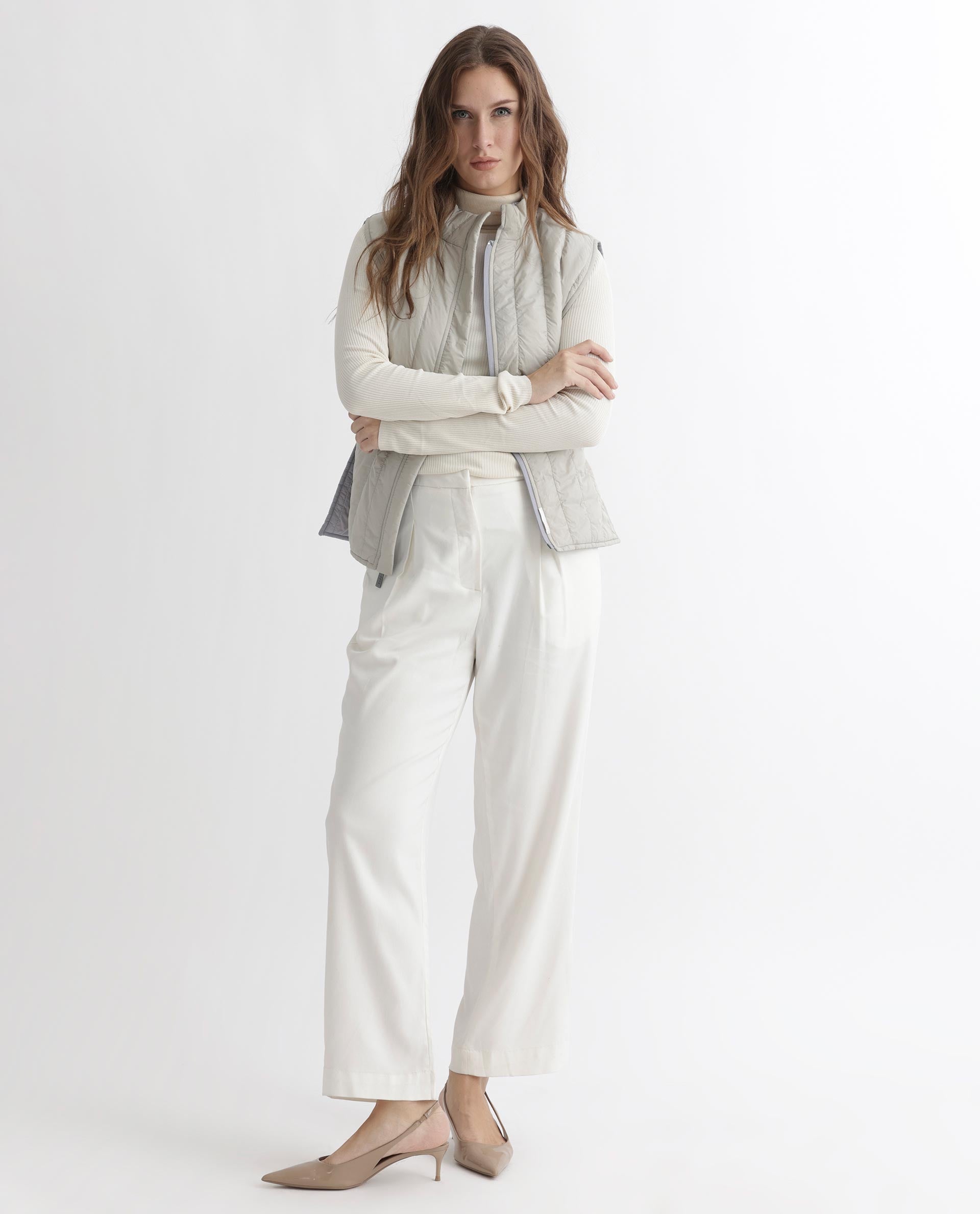 Rareism Women Aurora Beige Polyester Fabric Sleeveless Solid High Neck Jacket