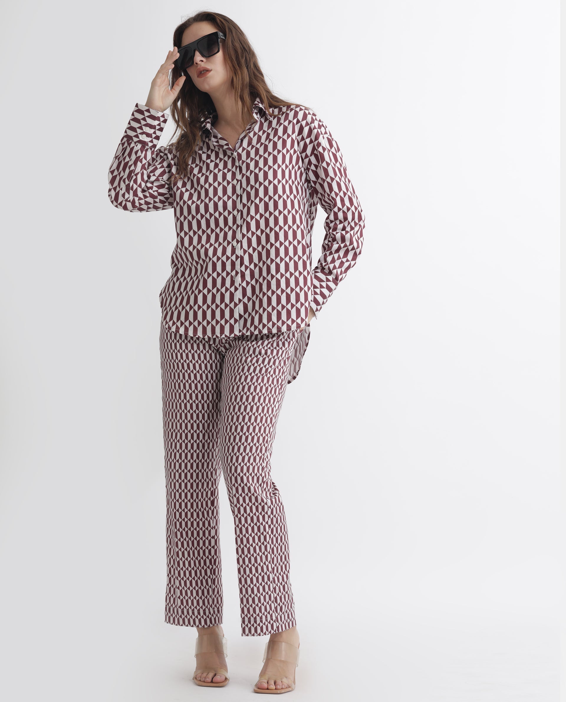 Rareism Women Azsure-B Light Brown Cotton Fabric Tailored Fit Geometric Print Ankle Length Trousers