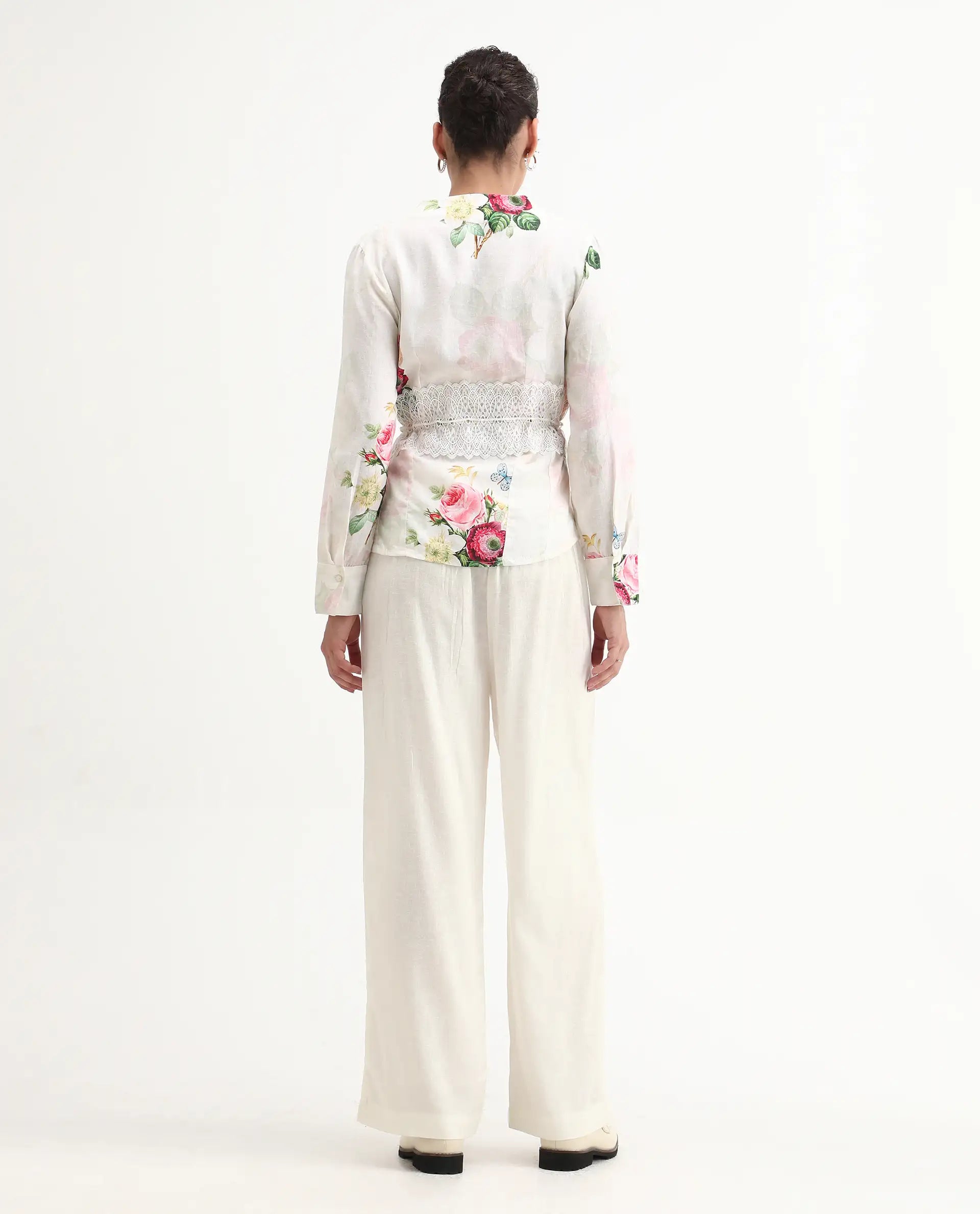 Rareism Women Banche-B Off White Cotton Linen Fabric Regular Length Trouser