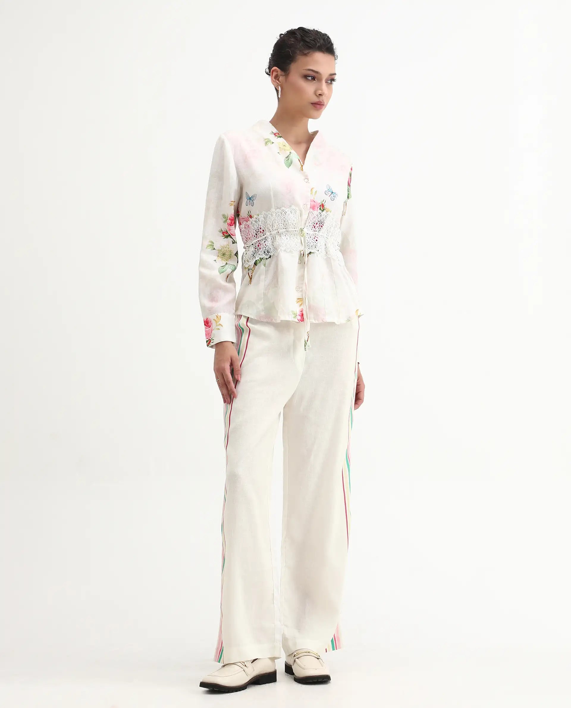 Rareism Women Banche-B Off White Cotton Linen Fabric Regular Length Trouser