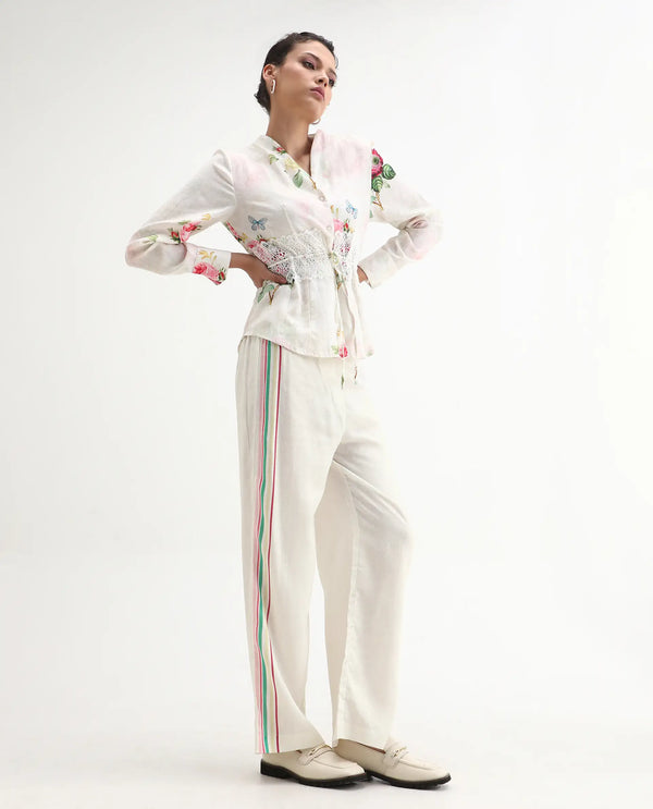 Rareism Women Banche-B Off White Cotton Linen Fabric Regular Length Trouser