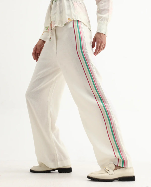 Rareism Women Banche-B Off White Cotton Linen Fabric Regular Length Trouser