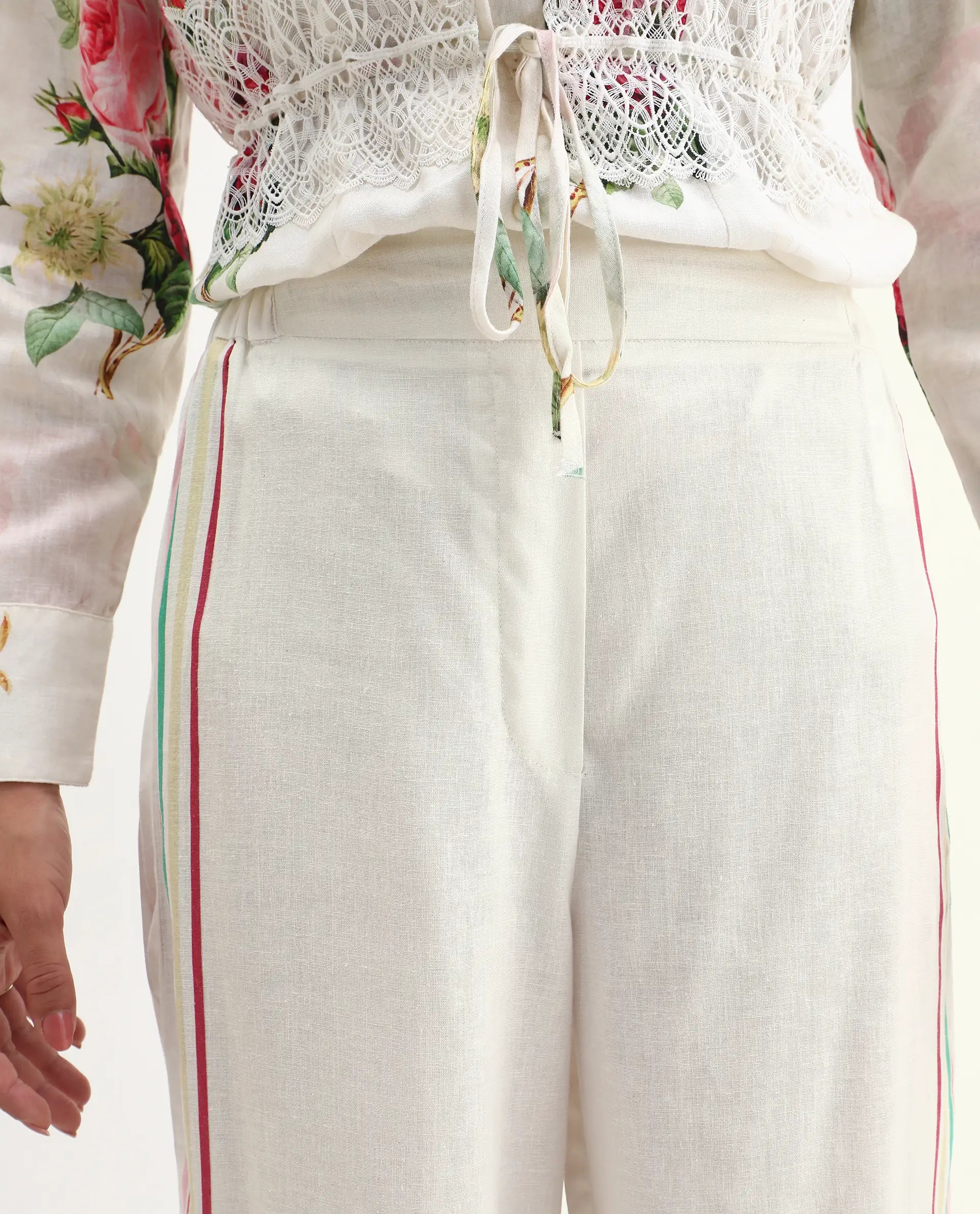 Rareism Women Banche-B Off White Cotton Linen Fabric Regular Length Trouser