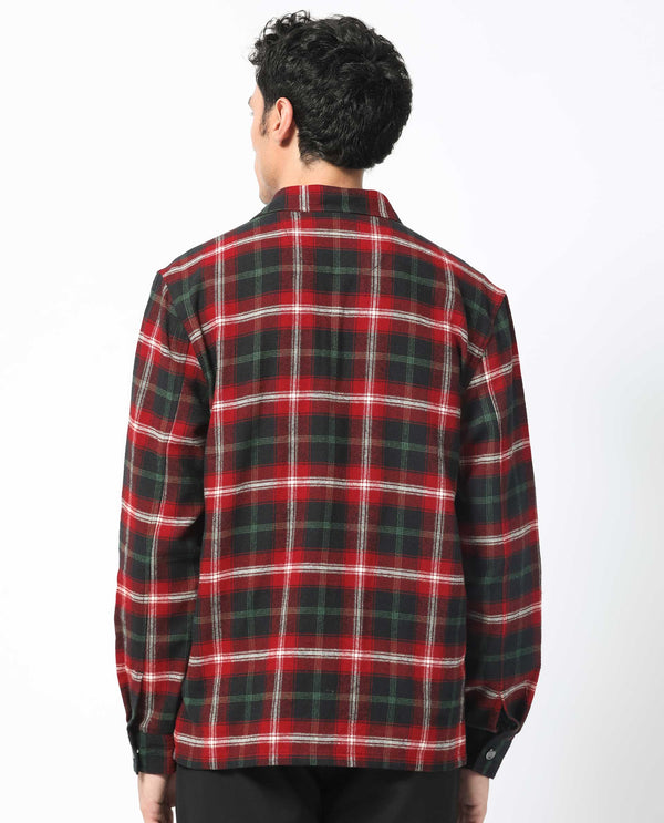 Rare Rabbit Men's Bardot Dark Red Cotton Fabric Full Sleeve Button Closure Twill Checks Shacket