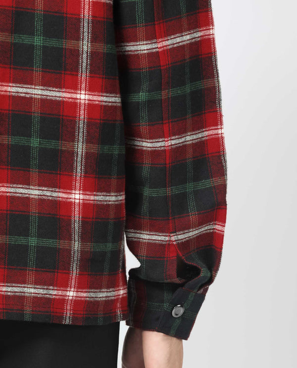 Rare Rabbit Men's Bardot Dark Red Cotton Fabric Full Sleeve Button Closure Twill Checks Shacket