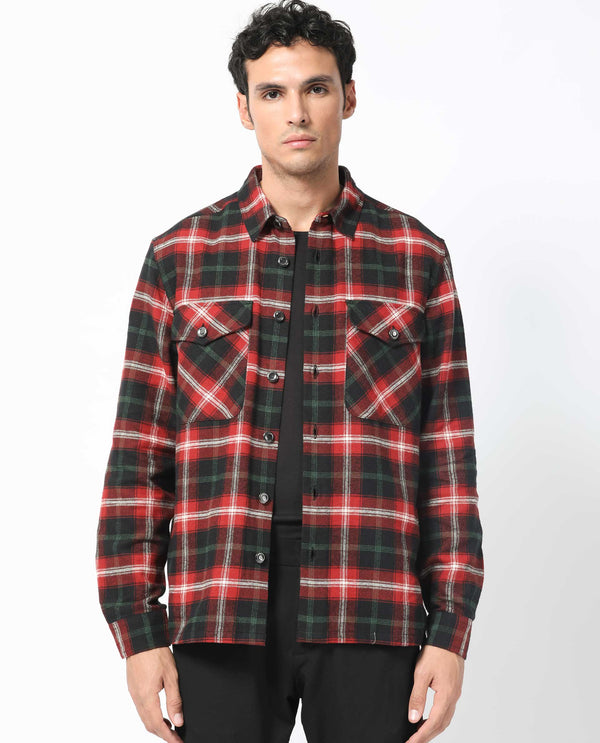 Rare Rabbit Men's Bardot Dark Red Cotton Fabric Full Sleeve Button Closure Twill Checks Shacket