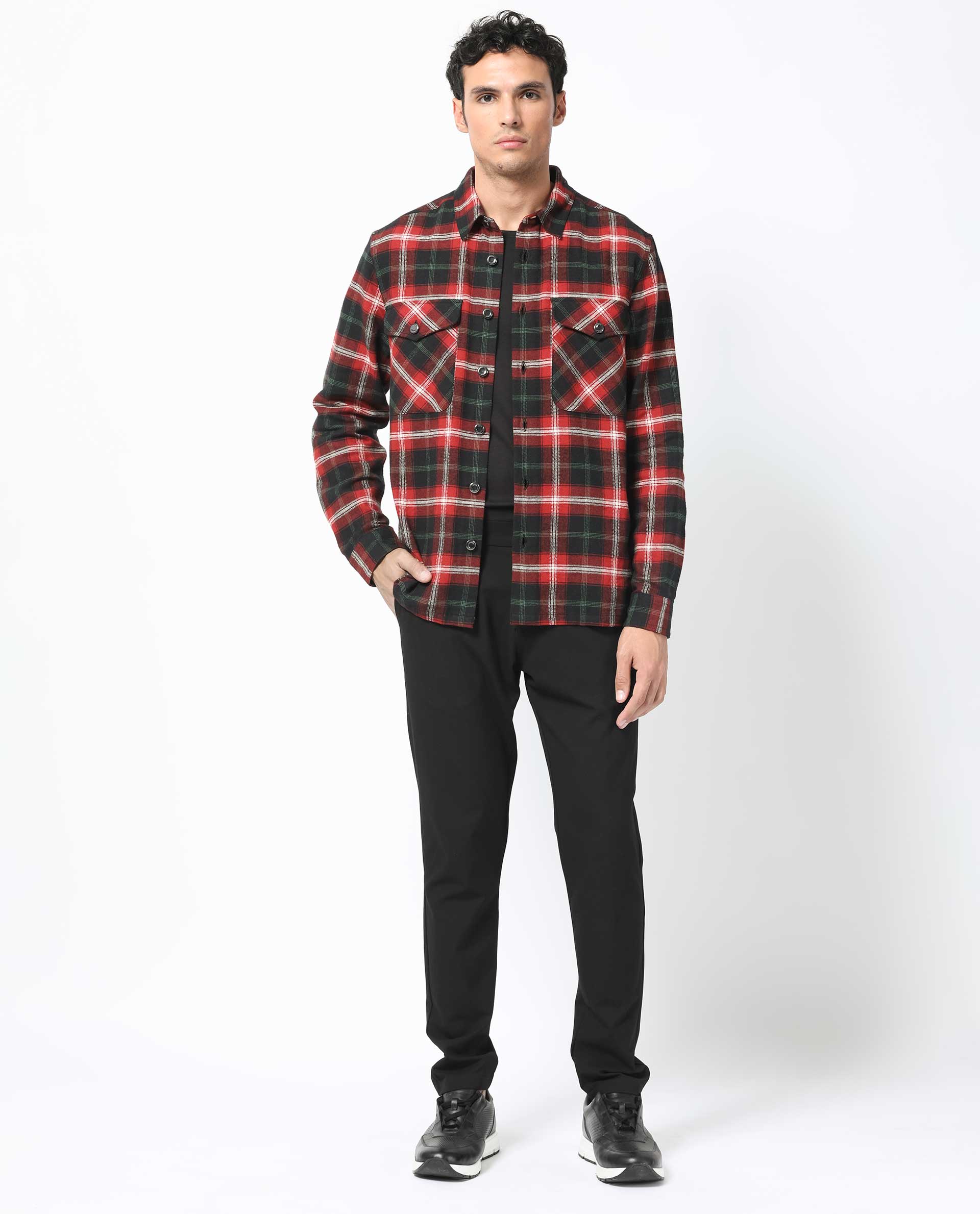 Rare Rabbit Men's Bardot Dark Red Cotton Fabric Full Sleeve Button Closure Twill Checks Shacket
