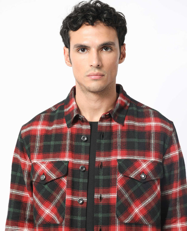 Rare Rabbit Men's Bardot Dark Red Cotton Fabric Full Sleeve Button Closure Twill Checks Shacket