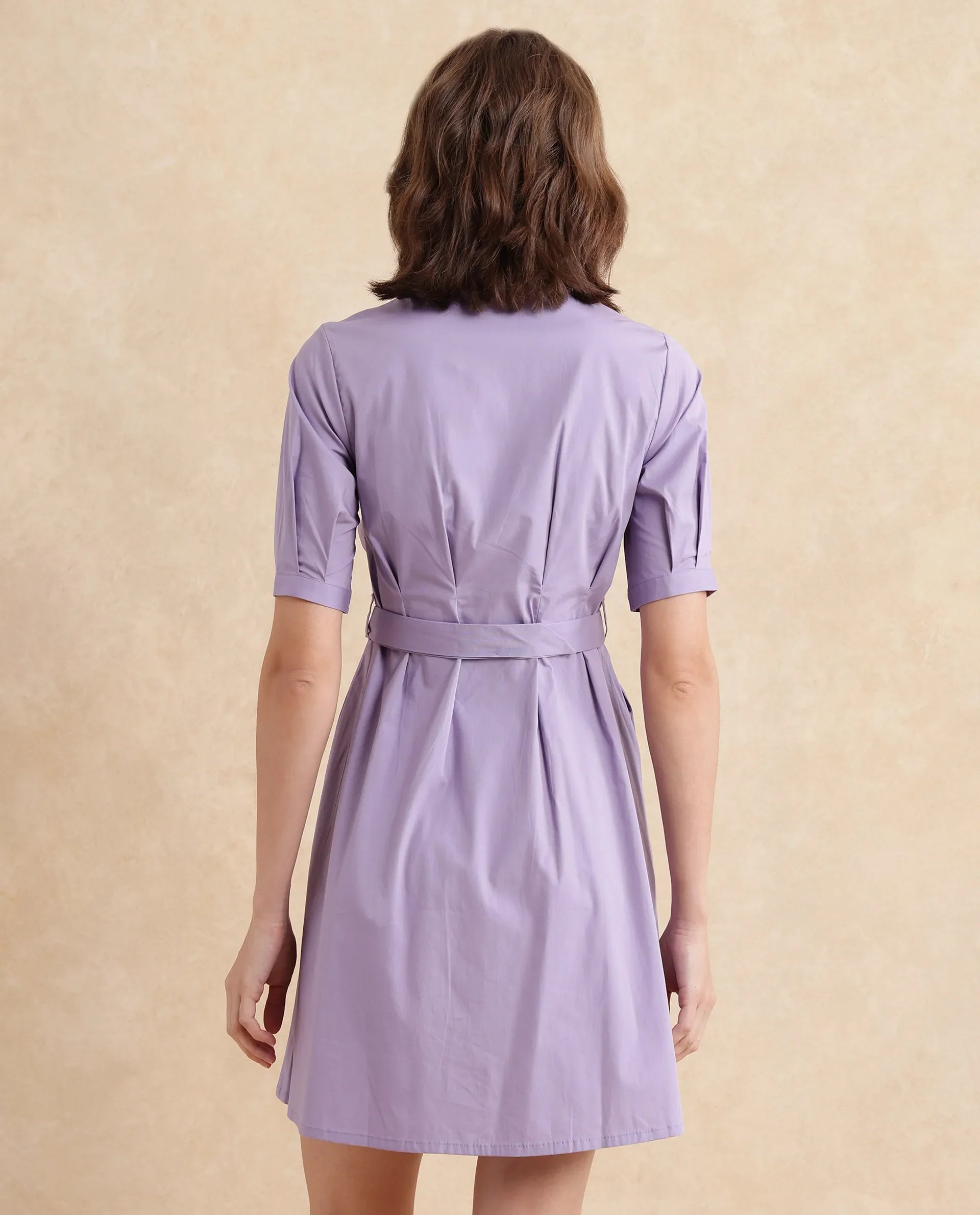 Rareism Women's Beew Dusky Purple  V-Neck Button Closure Bishop Sleeve Plain Fit And Flare Mini Dress