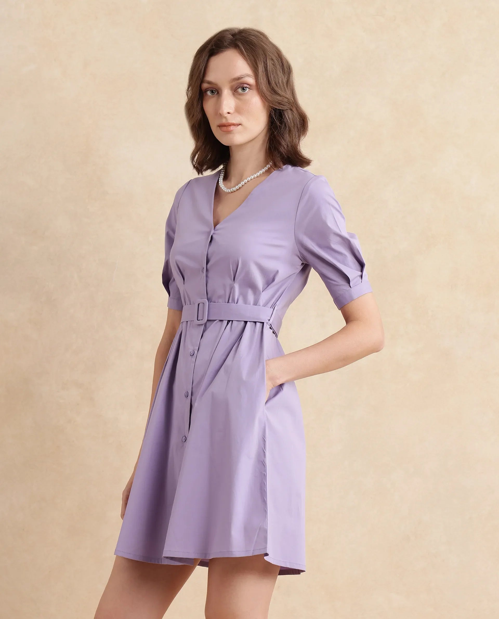 Rareism Women's Beew Dusky Purple  V-Neck Button Closure Bishop Sleeve Plain Fit And Flare Mini Dress