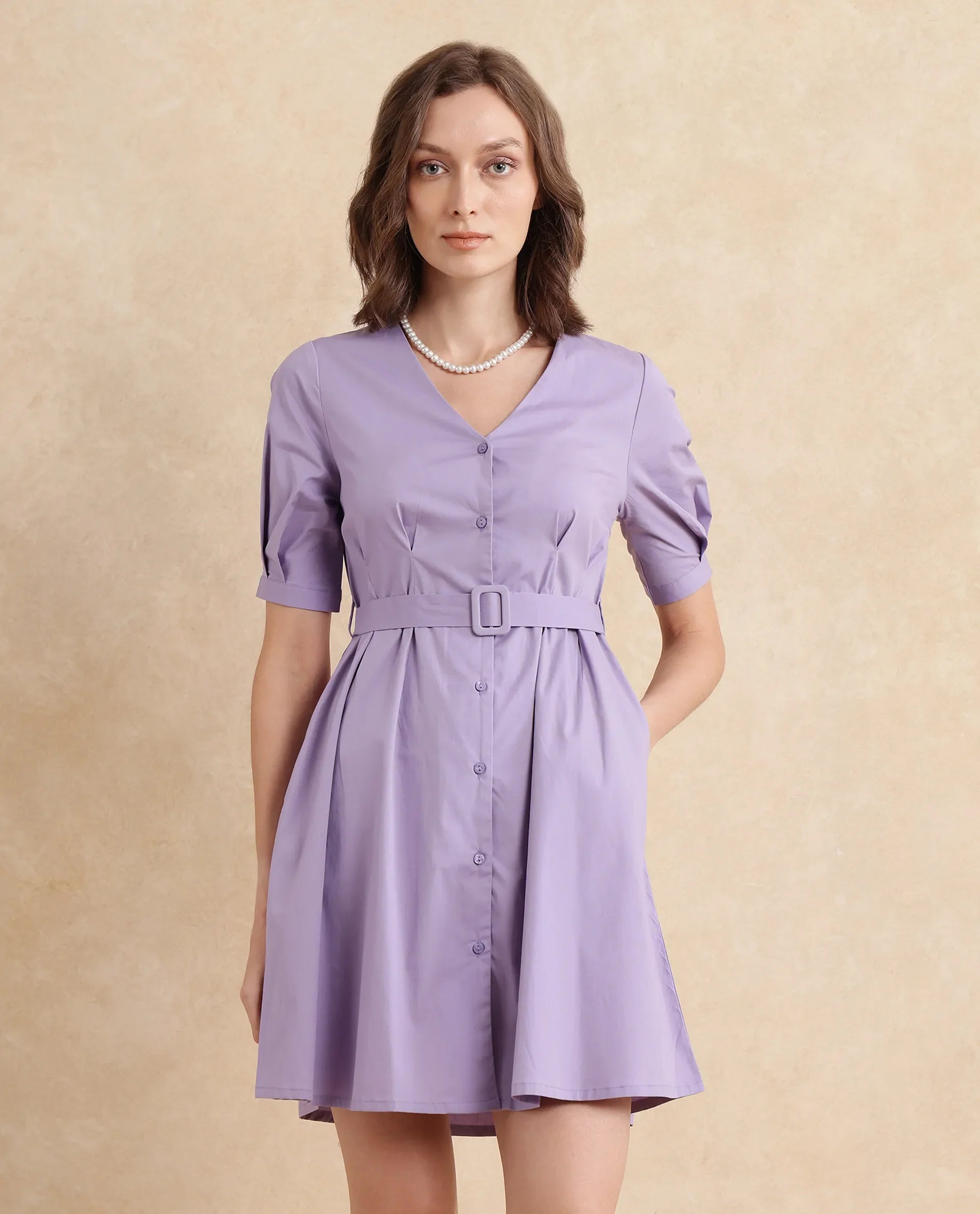 Rareism Women's Beew Dusky Purple  V-Neck Button Closure Bishop Sleeve Plain Fit And Flare Mini Dress