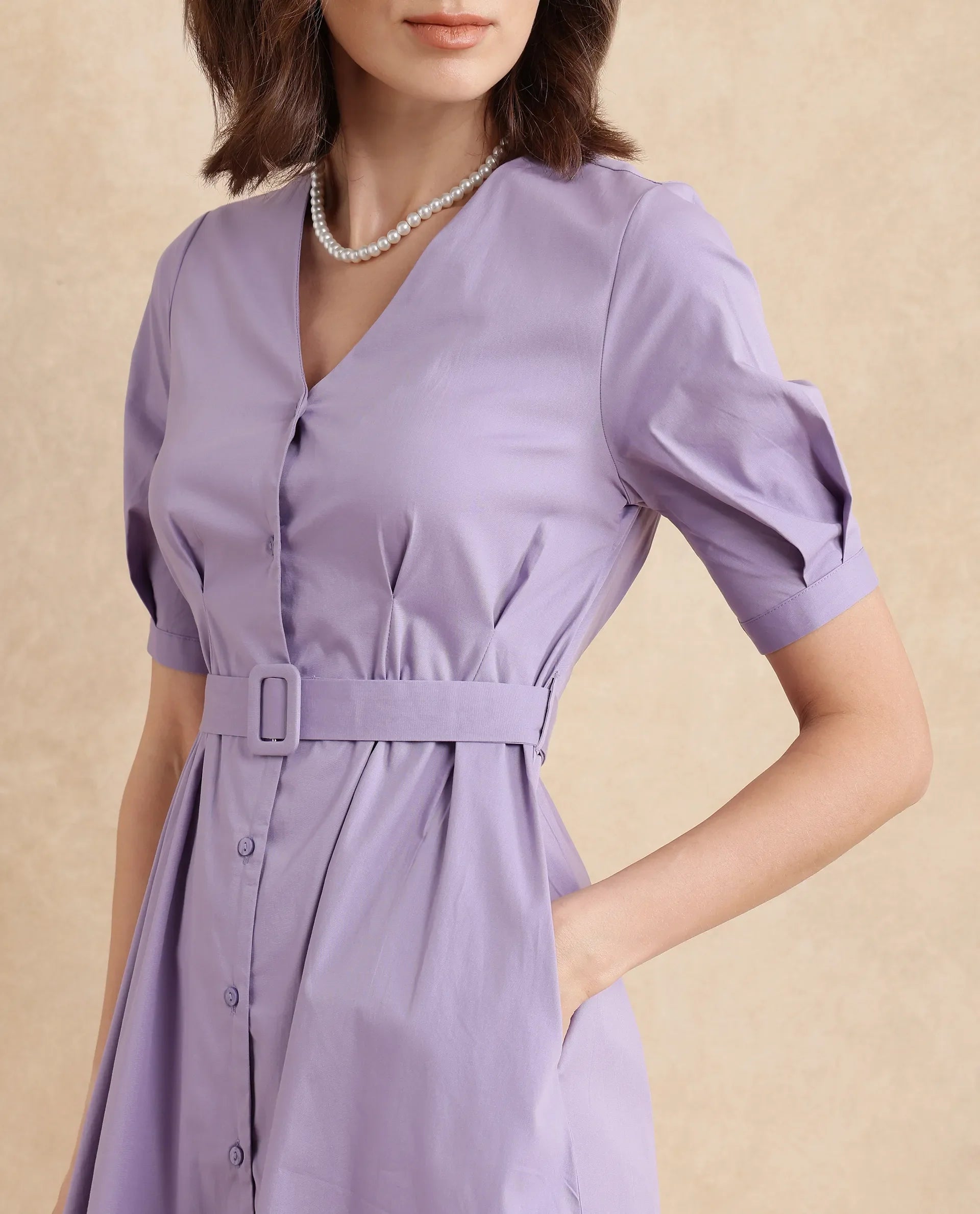 Rareism Women's Beew Dusky Purple  V-Neck Button Closure Bishop Sleeve Plain Fit And Flare Mini Dress