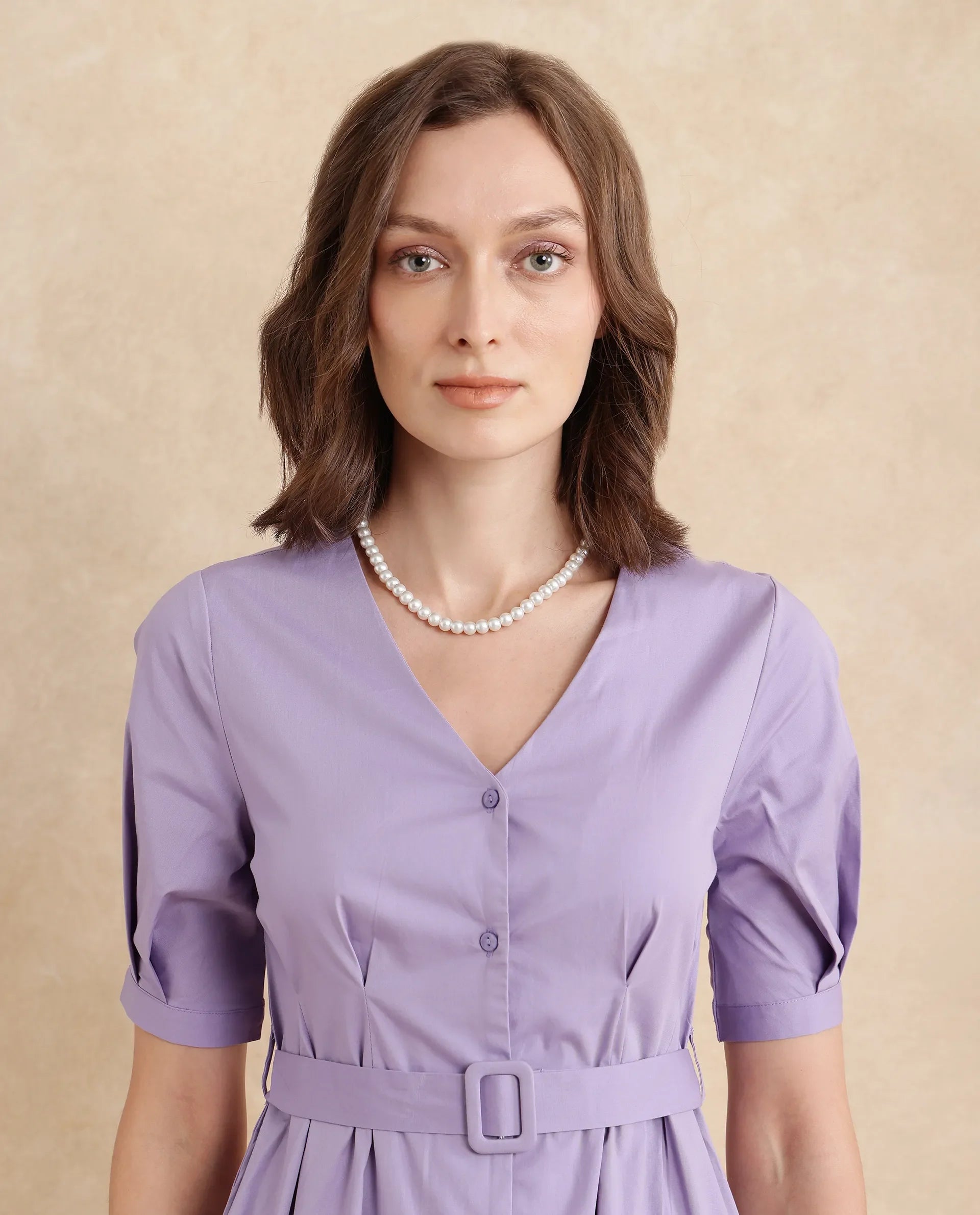 Rareism Women's Beew Dusky Purple  V-Neck Button Closure Bishop Sleeve Plain Fit And Flare Mini Dress