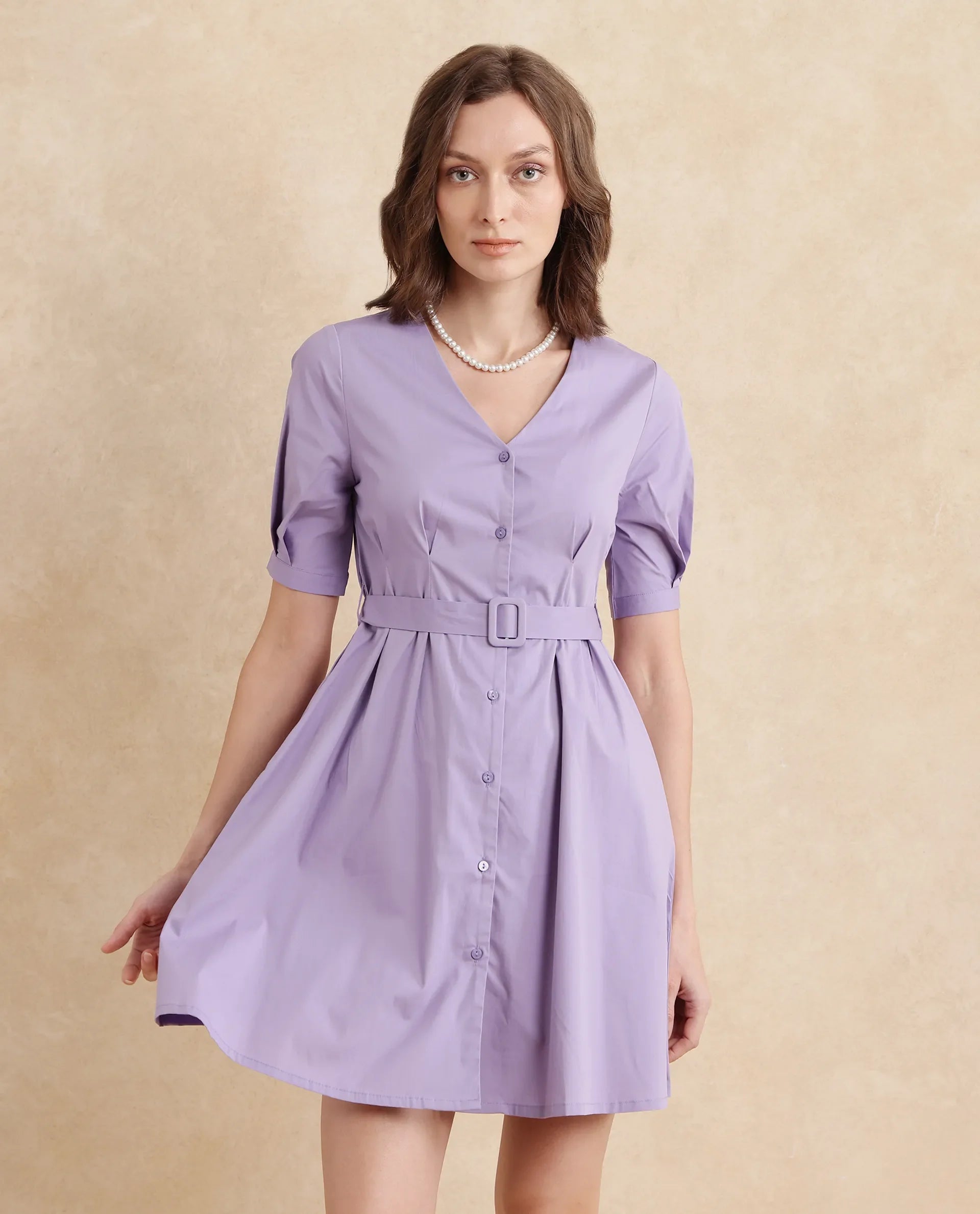 Rareism Women's Beew Dusky Purple  V-Neck Button Closure Bishop Sleeve Plain Fit And Flare Mini Dress