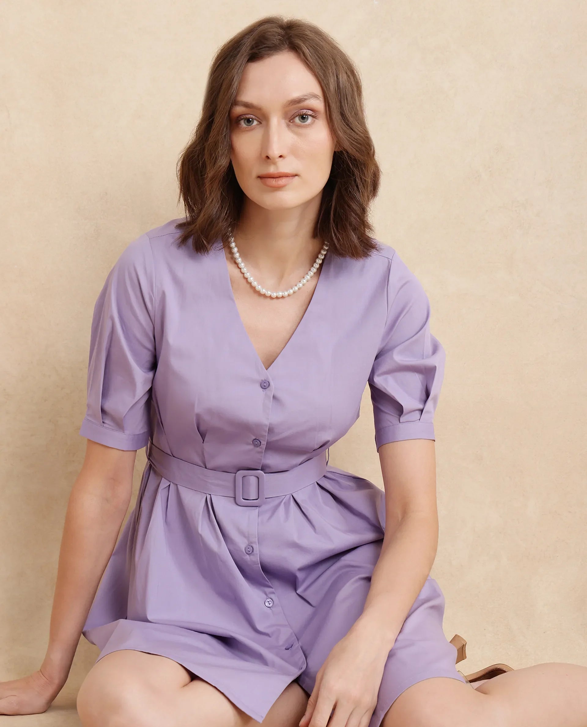 Rareism Women's Beew Dusky Purple  V-Neck Button Closure Bishop Sleeve Plain Fit And Flare Mini Dress