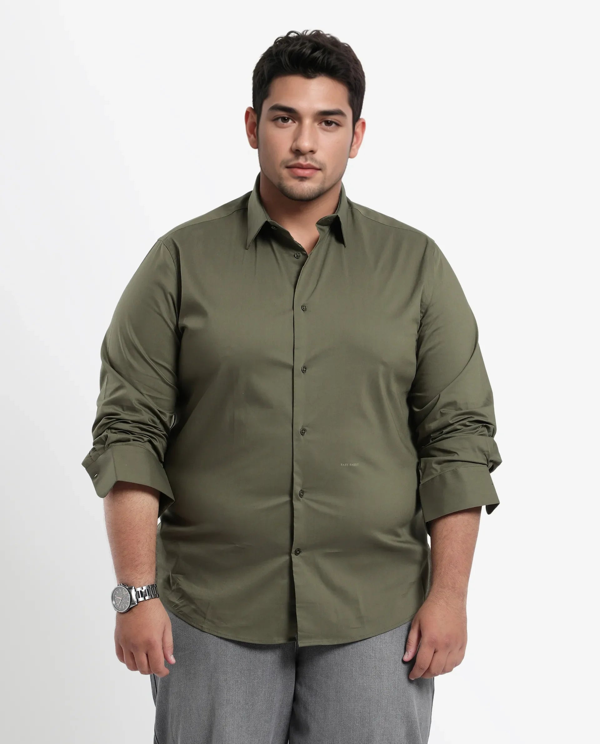 Rare Rabbit Mens Benedict Light Olive Cotton Stretch Drop Collar Full Sleeves Shirt Plus Size
