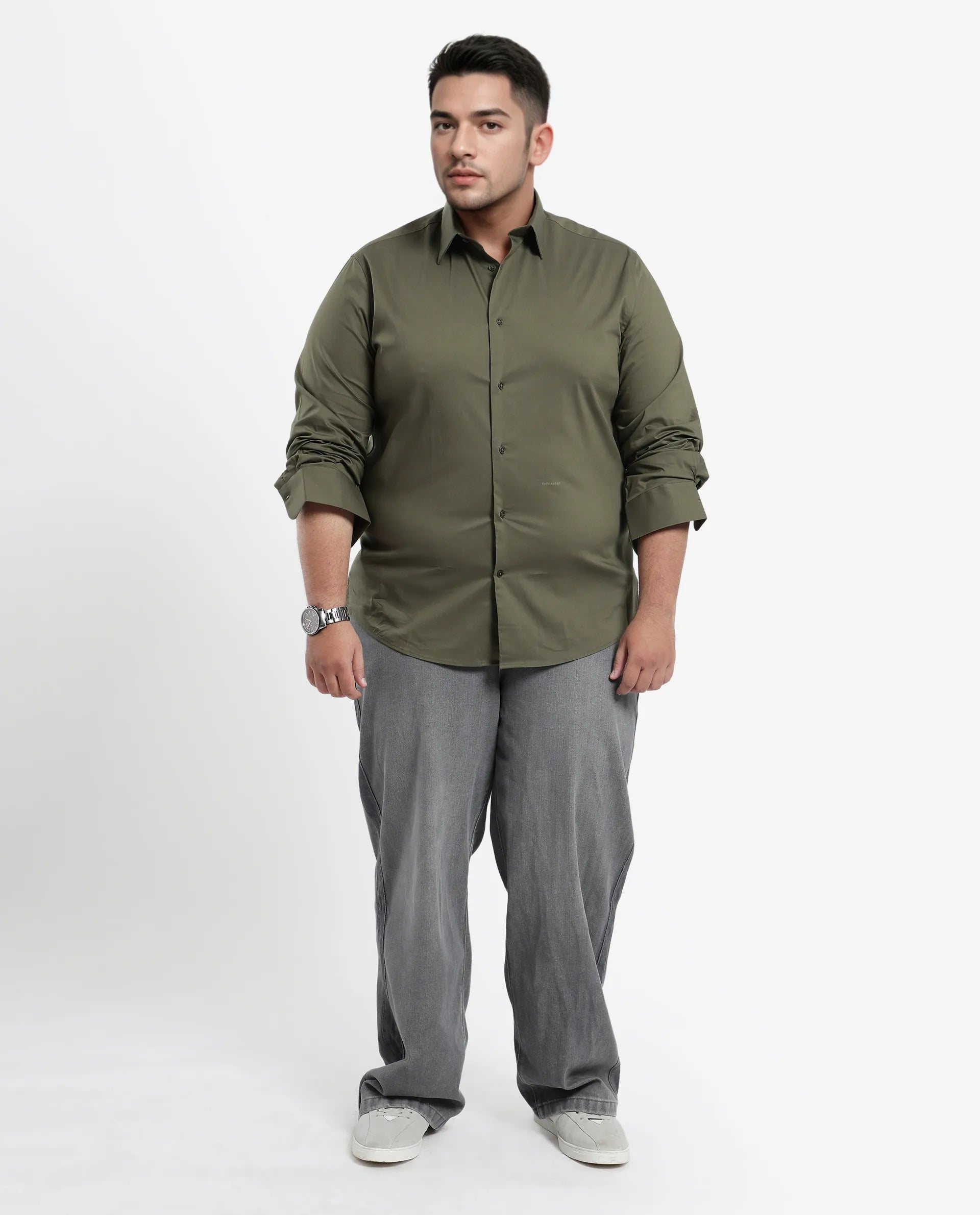 Rare Rabbit Mens Benedict Light Olive Cotton Stretch Drop Collar Full Sleeves Shirt Plus Size