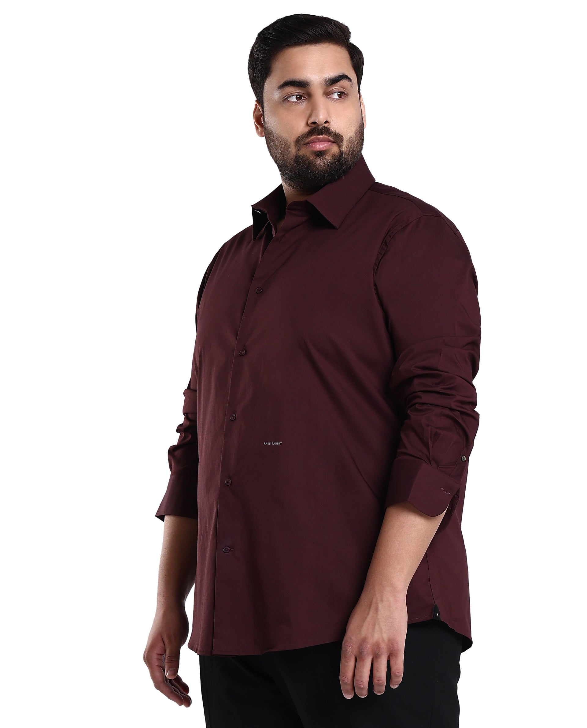 Rare Rabbit Mens Benedict Maroon Cotton Stretch Drop Collar Full Sleeve Solid Shirt Plus Size