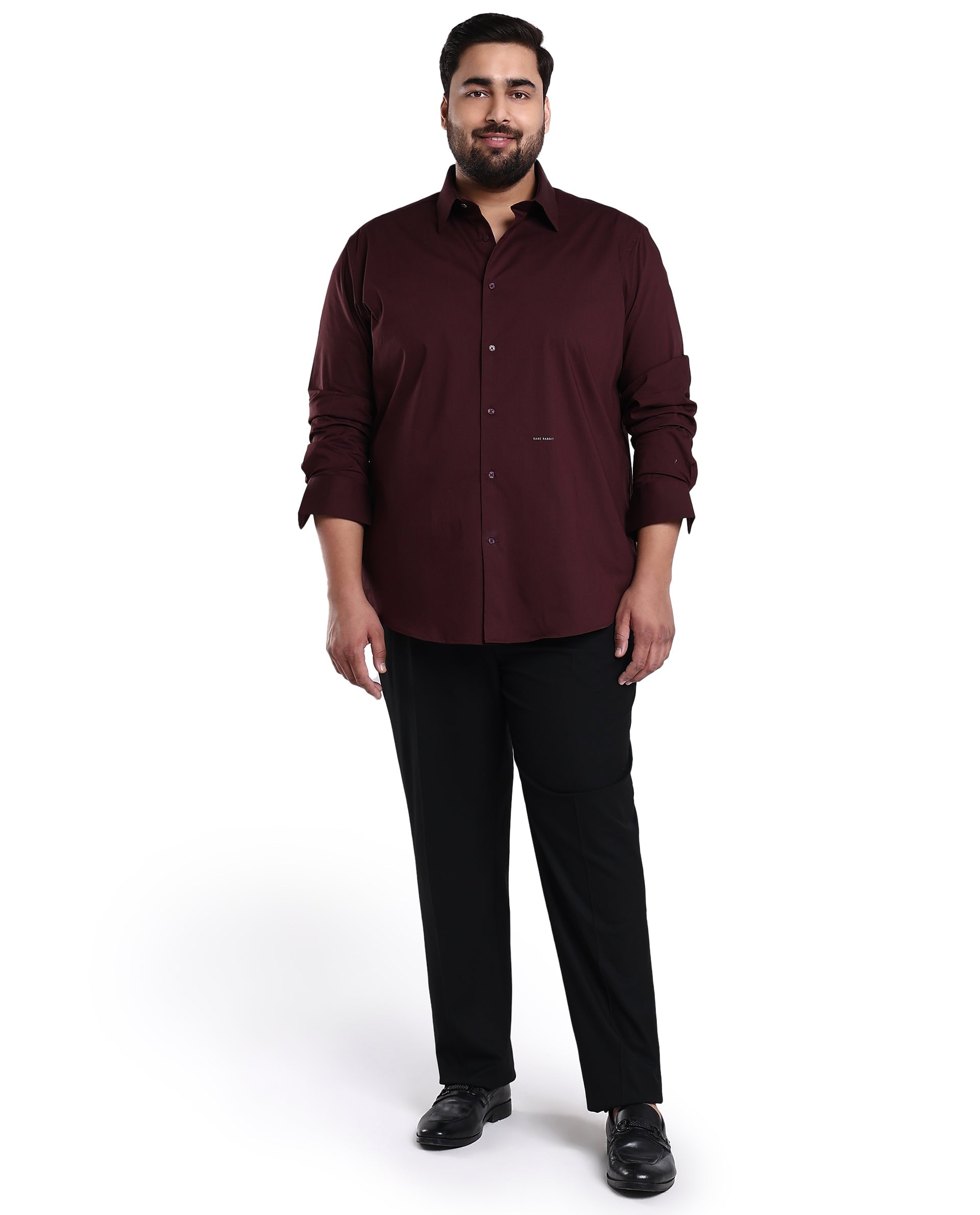 Rare Rabbit Mens Benedict Maroon Cotton Stretch Drop Collar Full Sleeve Solid Shirt Plus Size