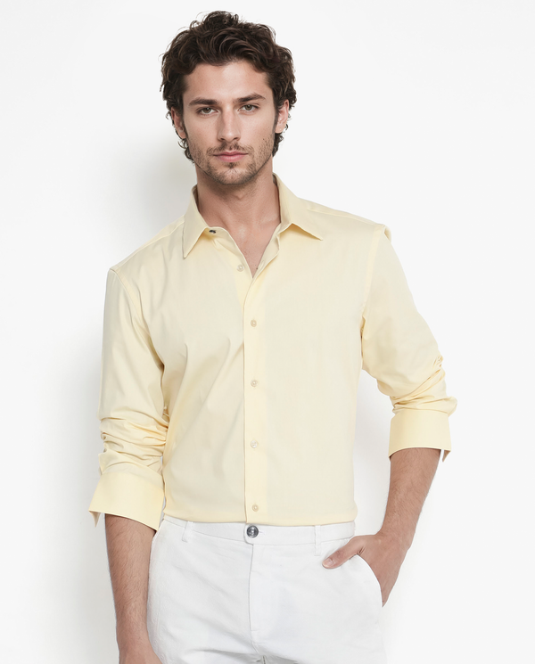 Rare Rabbit Men's Benedict Pastel Yellow Cotton Poly Elastane Blend Fabric Full Sleeve Solid Formal Shirt