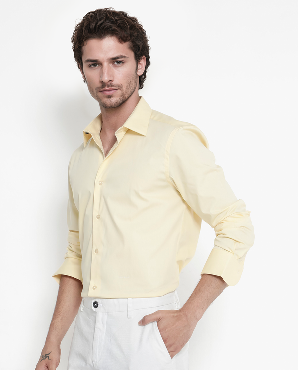Rare Rabbit Men's Benedict Pastel Yellow Cotton Poly Elastane Blend Fabric Full Sleeve Solid Formal Shirt