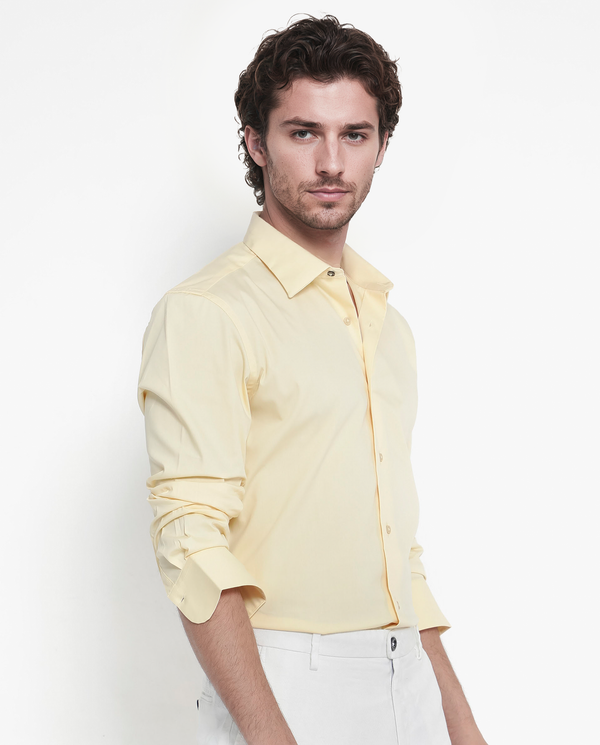 Rare Rabbit Men's Benedict Pastel Yellow Cotton Poly Elastane Blend Fabric Full Sleeve Solid Formal Shirt