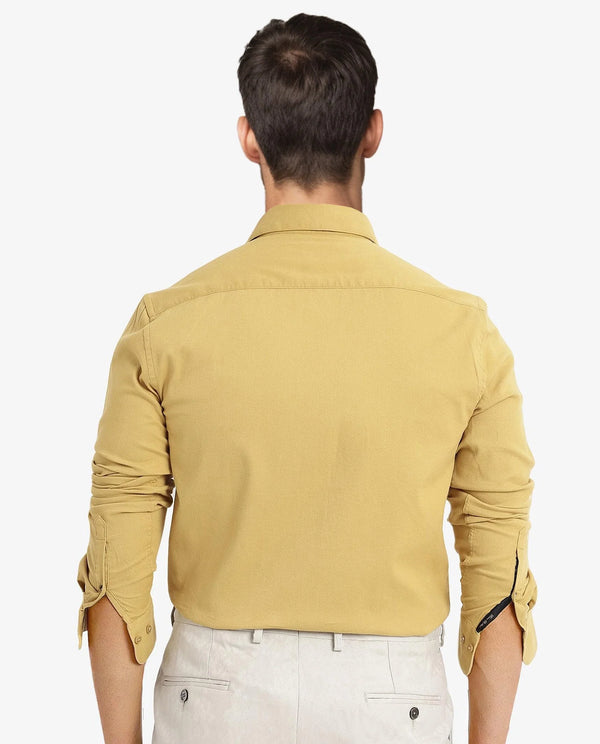 Rare Rabbit Men's Bicton Mustard Cotton Lycra Fabric Full Sleeves Solid Twill Shirt