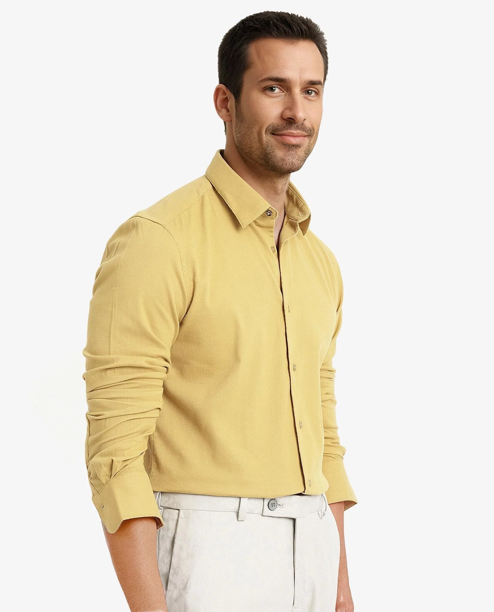 Rare Rabbit Men's Bicton Mustard Cotton Lycra Fabric Full Sleeves Solid Twill Shirt