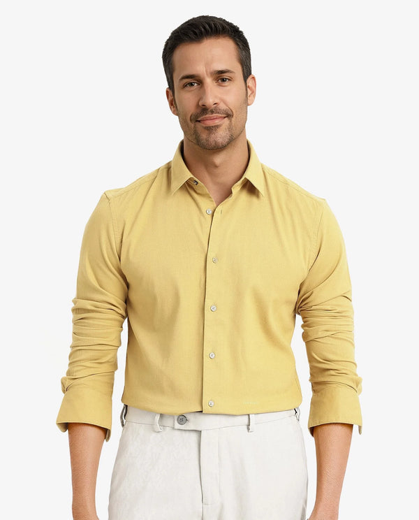 Rare Rabbit Men's Bicton Mustard Cotton Lycra Fabric Full Sleeves Solid Twill Shirt