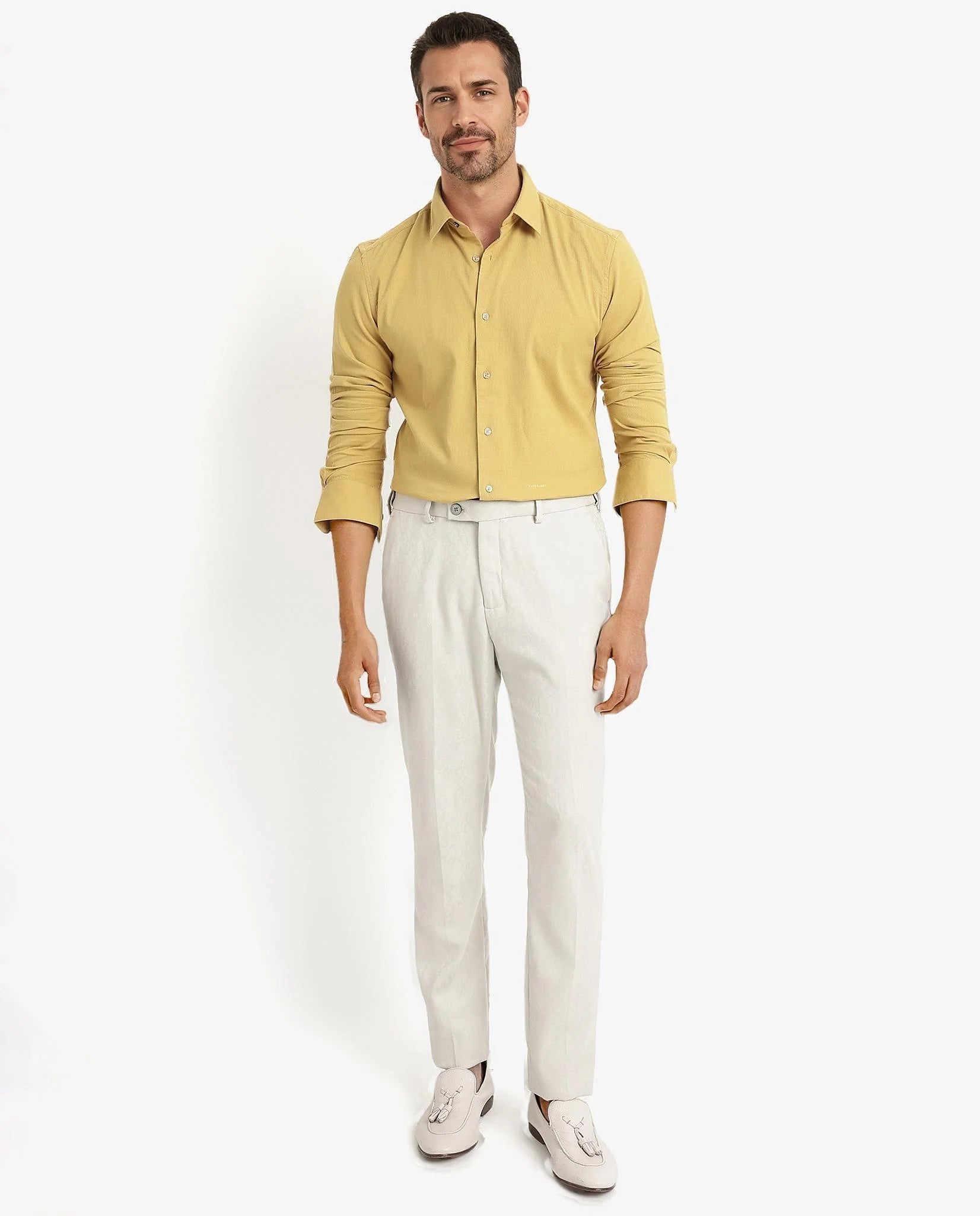 Rare Rabbit Men's Bicton Mustard Cotton Lycra Fabric Full Sleeves Solid Twill Shirt