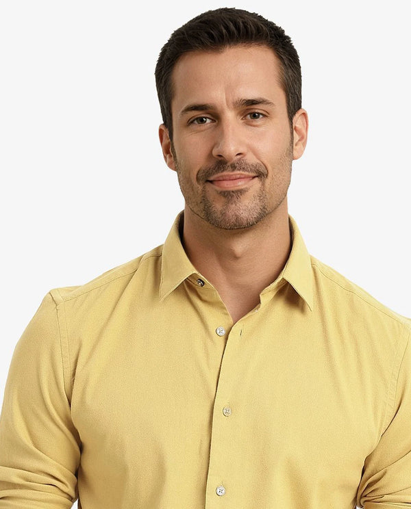 Rare Rabbit Men's Bicton Mustard Cotton Lycra Fabric Full Sleeves Solid Twill Shirt
