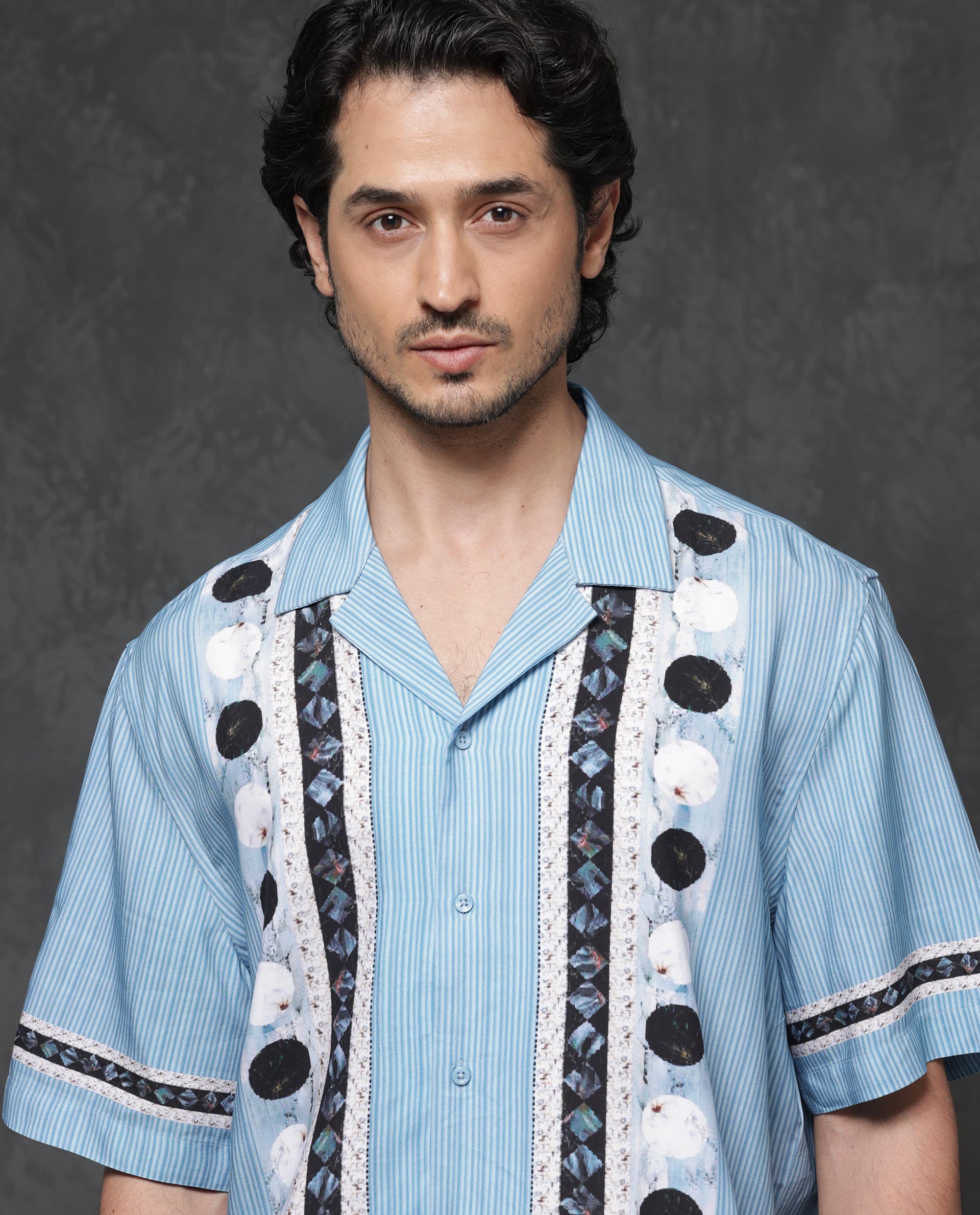 Rare Rabbit Mens Bortan Light Blue Boxy Fit Short Sleeve Placement Print Cuban Collar Shirt