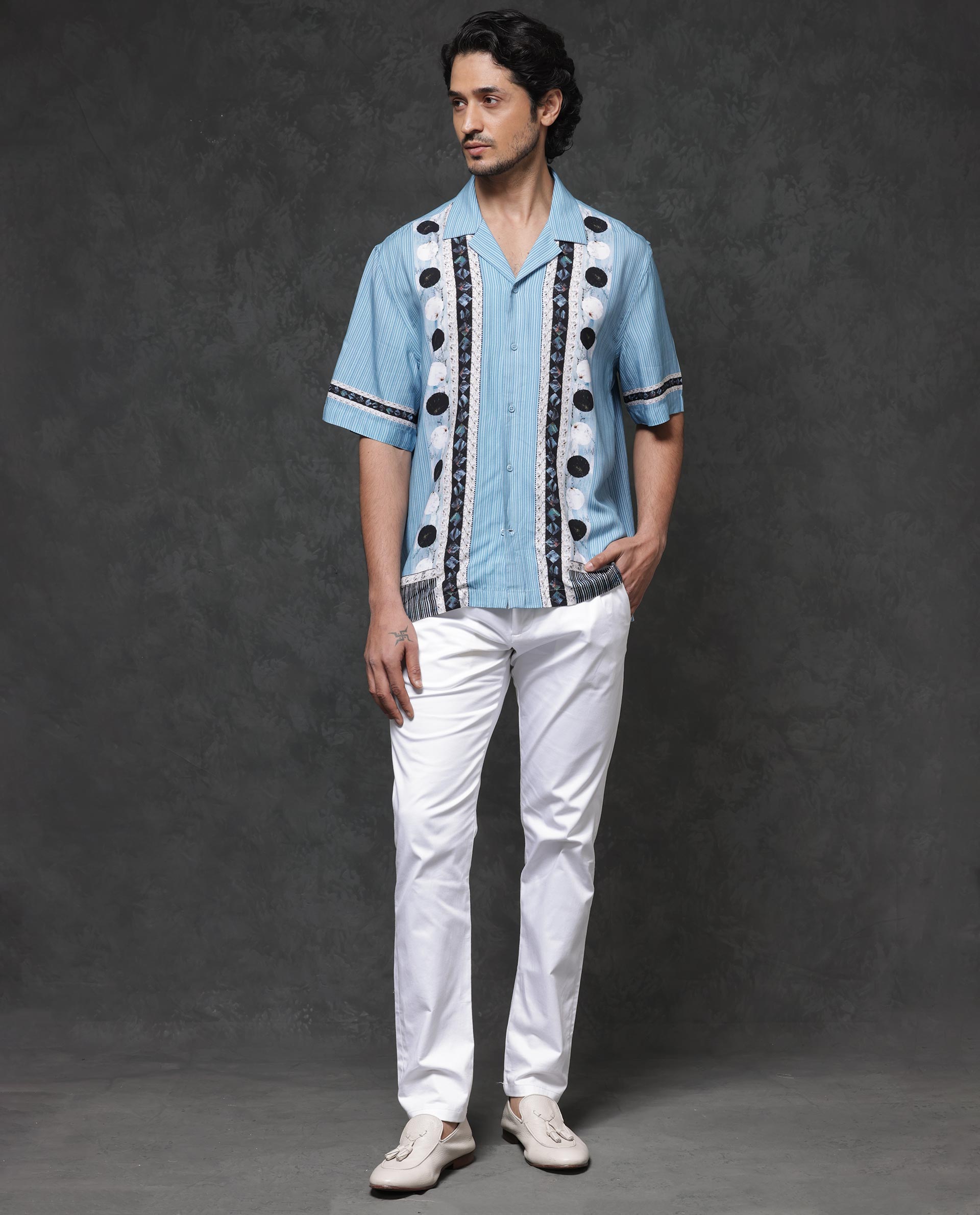 Rare Rabbit Mens Bortan Light Blue Boxy Fit Short Sleeve Placement Print Cuban Collar Shirt