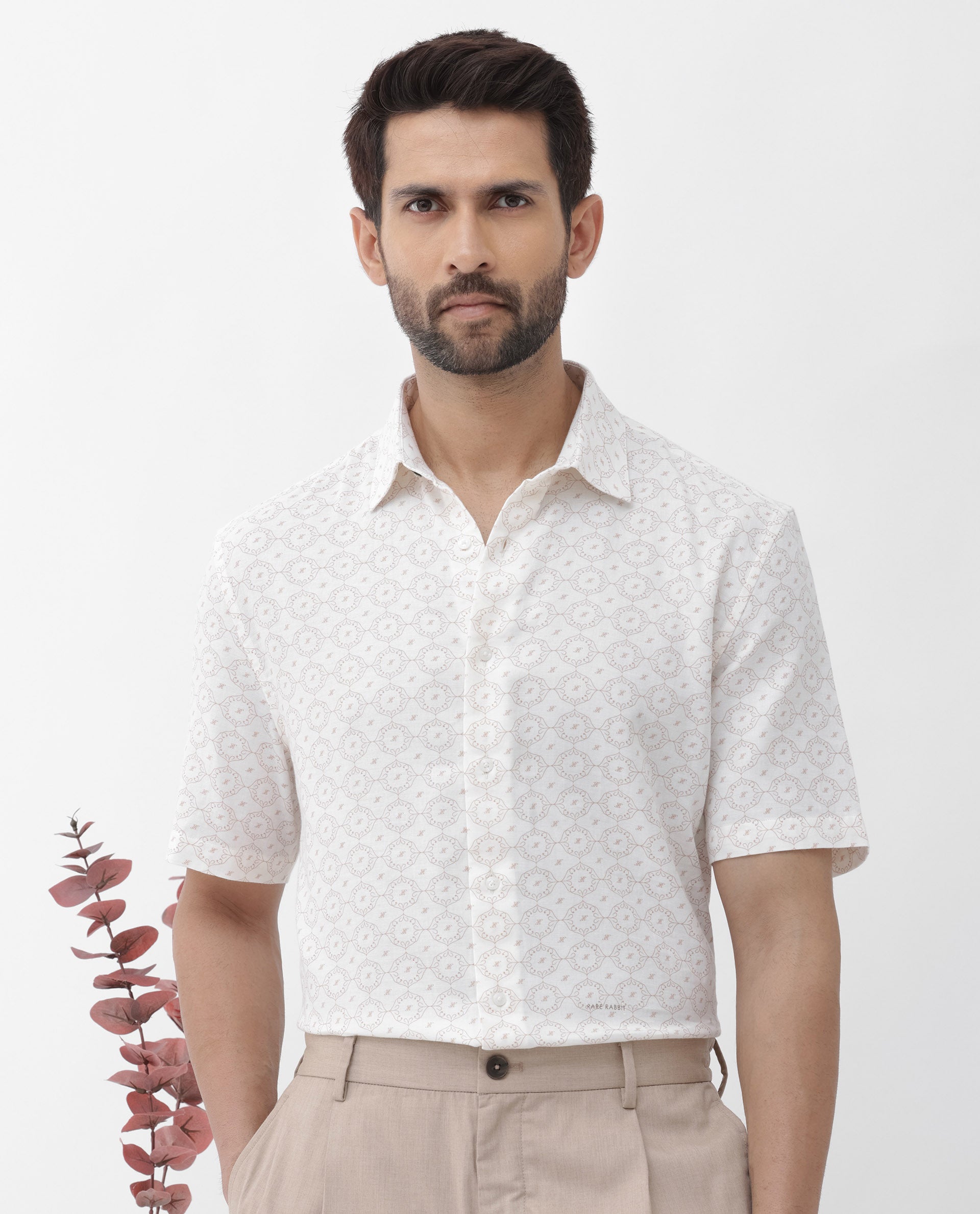 Rare Rabbit Mens Boward Off White Cotton Fabric Short Sleeve Boxy Fit Monogram Print Shirt