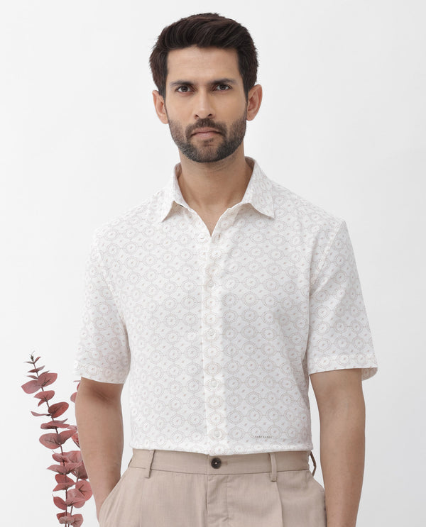 Rare Rabbit Mens Boward Off White Cotton Fabric Short Sleeve Boxy Fit Monogram Print Shirt