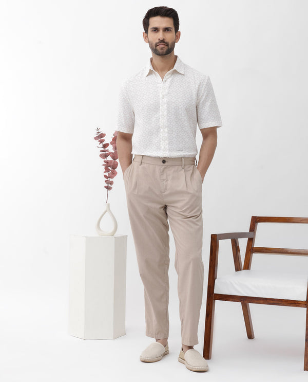 Rare Rabbit Mens Boward Off White Cotton Fabric Short Sleeve Boxy Fit Monogram Print Shirt