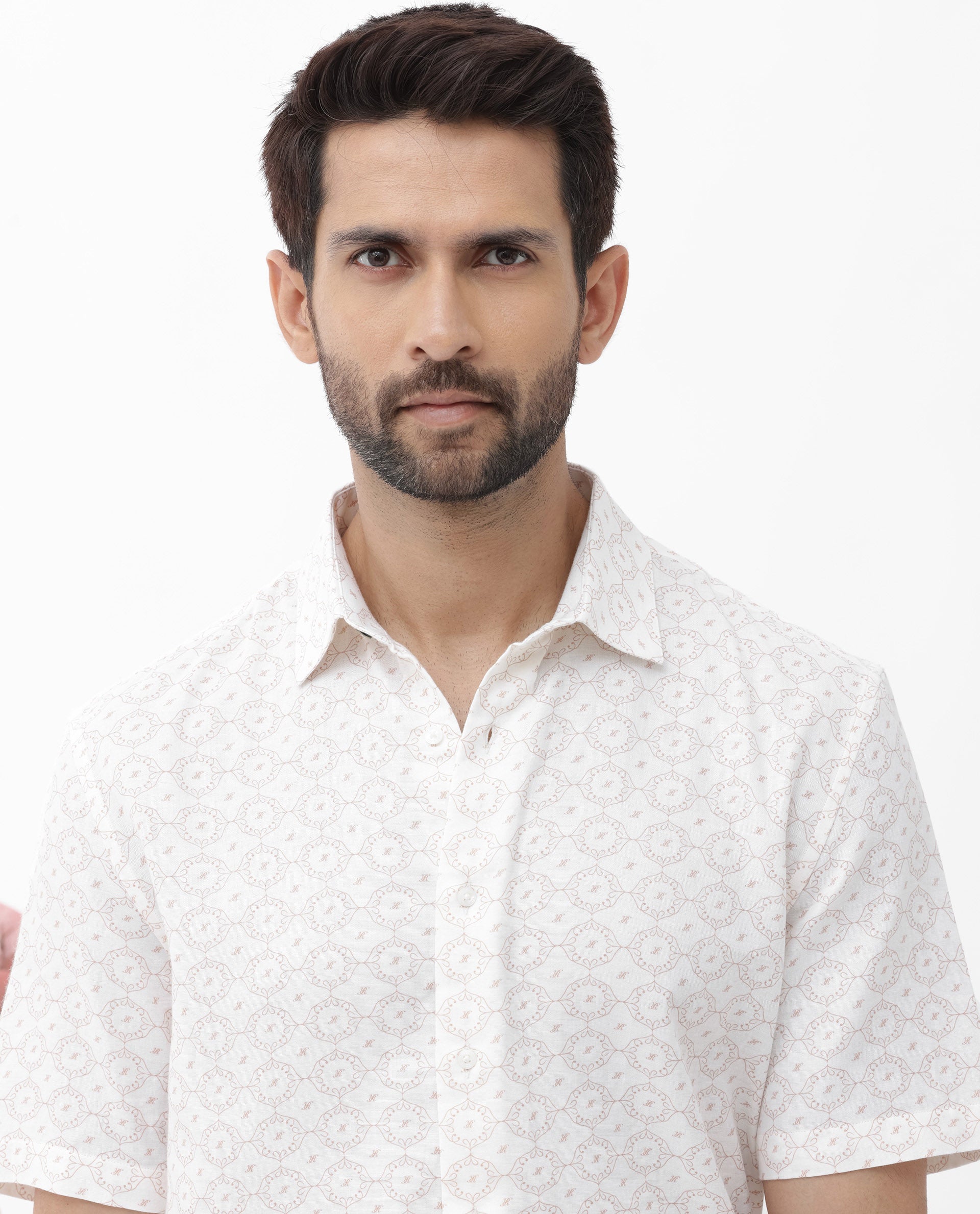 Rare Rabbit Mens Boward Off White Cotton Fabric Short Sleeve Boxy Fit Monogram Print Shirt